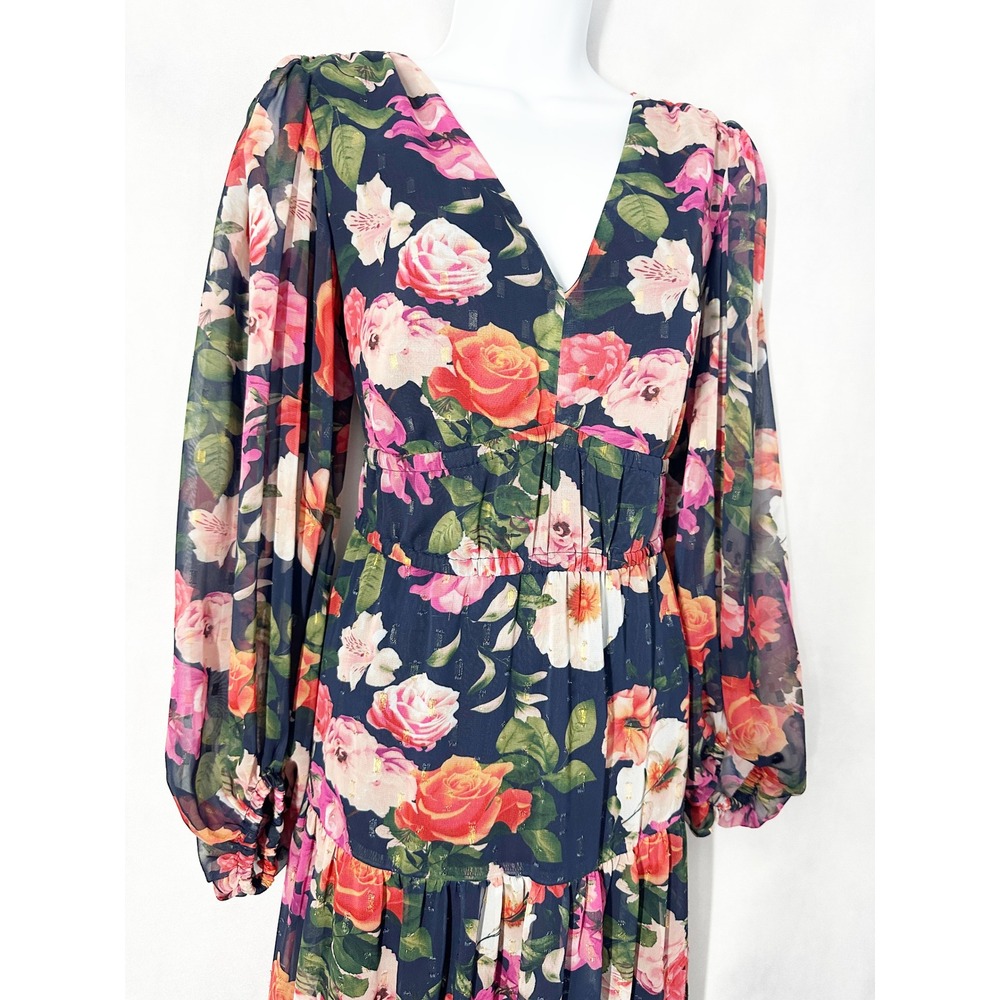 Eliza J Metallic Clip Dot Floral Navy Chiffon Fit Flare Maxi Dress Womens Size 8 - Picture 5 of 14